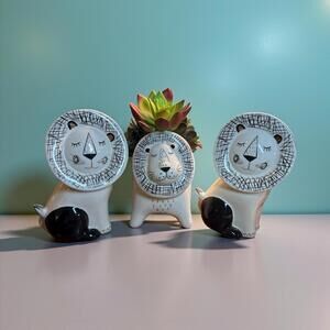 Lion Black & White w/Gold 1 Planter w/fake Succulents & 2 Figures Set of 3